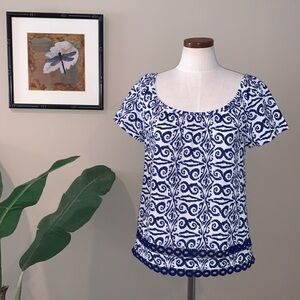 Vineyard Vines Salt Island Tile Flutter Sleeve Top, Blue & White, Size XS